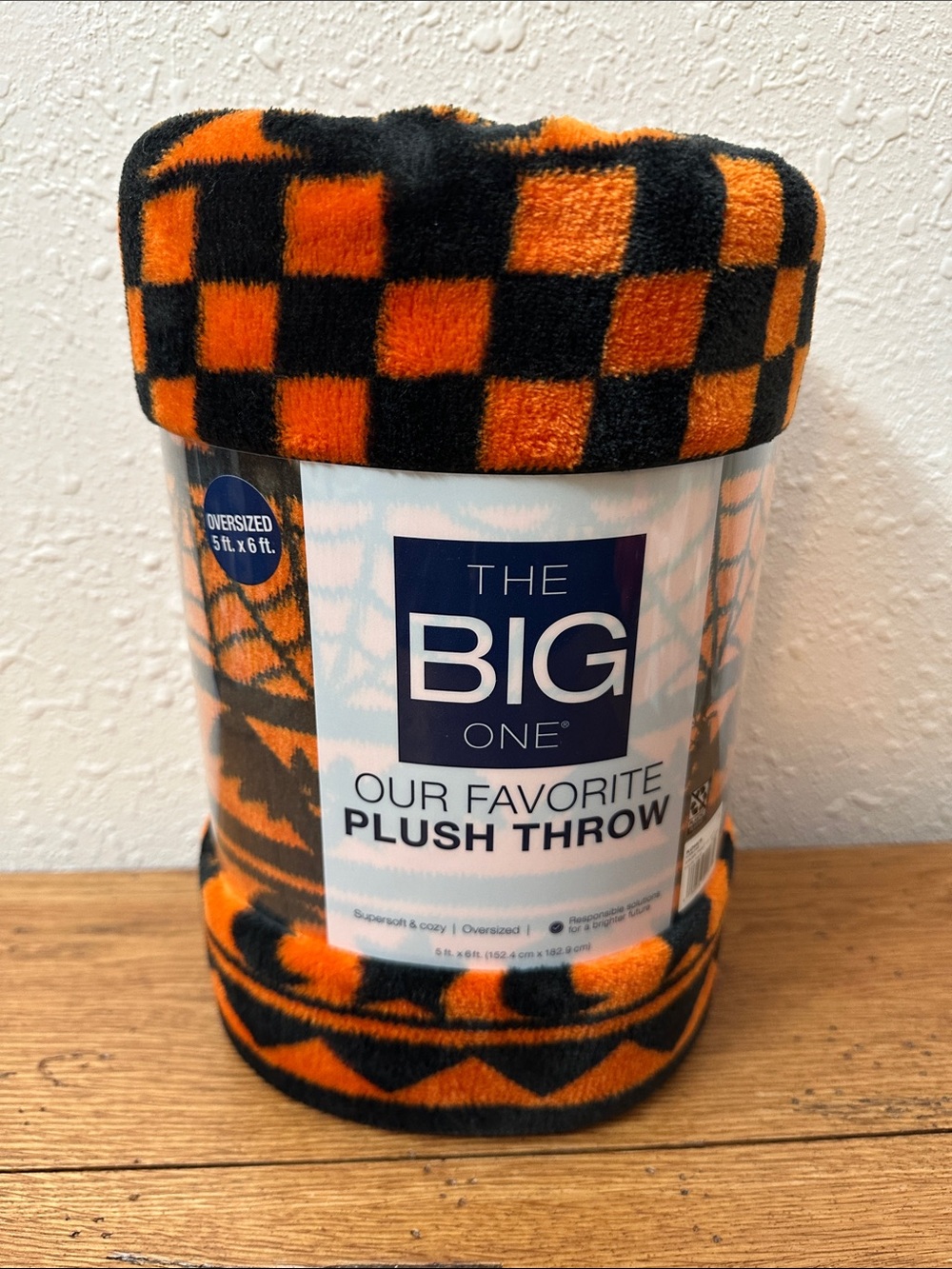 The Big One Orange & Black Checker Plush Throw with bats and cats